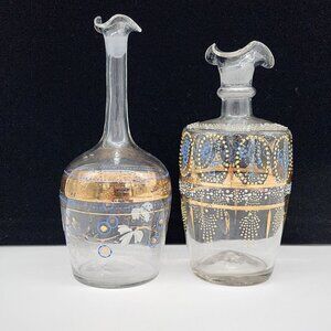Bohemian Blown Glass Decanters Hand Painted Blue Enamel Gold Paint 7.5"
